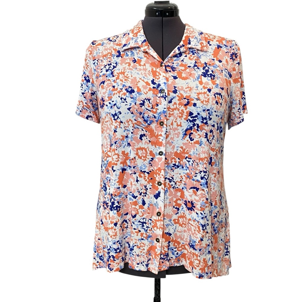 KIM ROGERS Women's size XL Coral Blue White Floral Button-Down Hi-Low Shirt